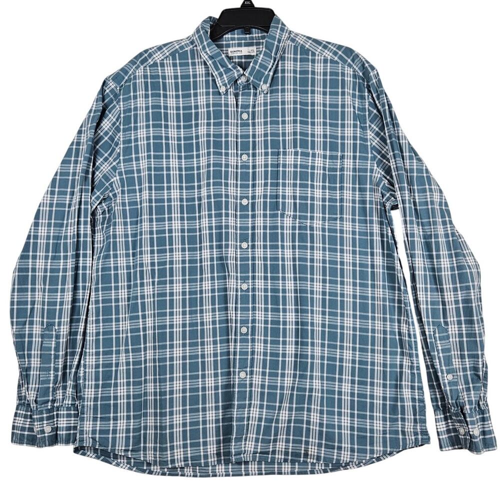 Sonoma Button Down Shirt Mens XXL Teal Blue Plaid Stretch Casual Classic Outdoor